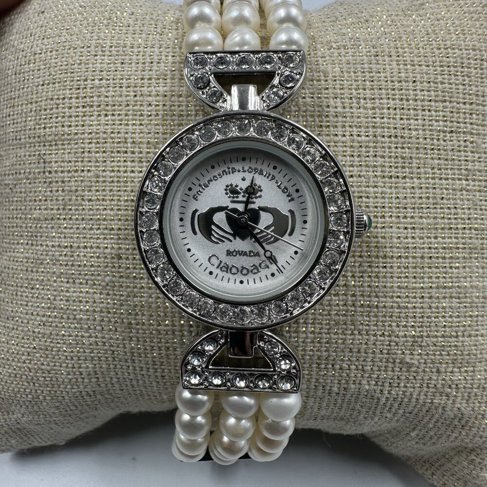Rovada Claddagh Watch Women Silver Tone Faux Pearl Band Rhinestones New Battery